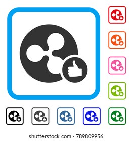 Ripple Coin Thumb Up icon. Flat gray pictogram symbol in a blue rounded rectangular frame. Black, gray, green, blue, red, orange color versions of Ripple Coin Thumb Up vector.