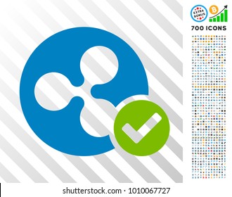 Ripple Coin Valid icon with 7 hundred bonus bitcoin mining and blockchain pictograms. Vector illustration style is flat iconic symbols designed for crypto-currency websites.