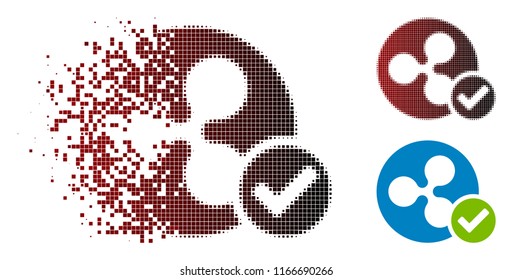 Ripple coin valid icon in dispersed, pixelated halftone and undamaged whole variants. Points are grouped into vector dispersed Ripple coin valid icon.