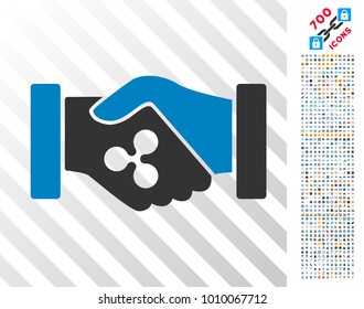 Ripple Contract Hands pictograph with 7 hundred bonus bitcoin mining and blockchain graphic icons. Vector illustration style is flat iconic symbols designed for cryptocurrency websites.