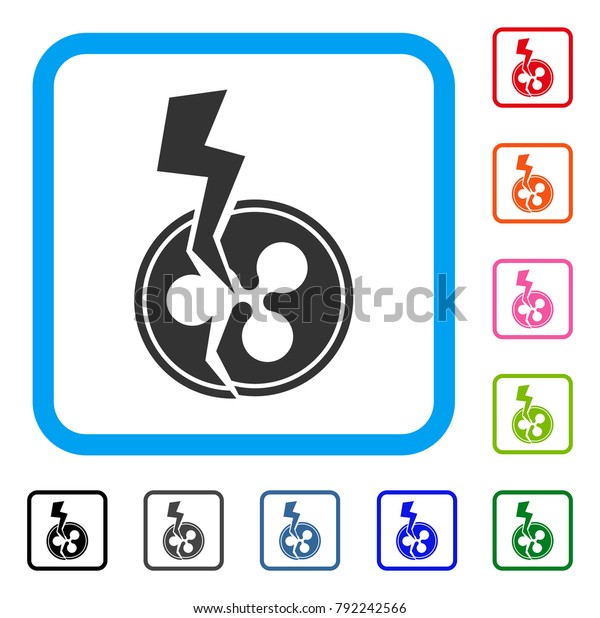 Ripple Crash Lightning icon. Flat gray iconic\
symbol in a blue rounded rectangular frame. Black, gray, green,\
blue, red, orange color additional versions of ripple crash\
lightning vector.
