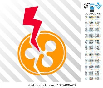 Ripple Crash Lightning pictograph with 700 bonus bitcoin mining and blockchain icons. Vector illustration style is flat iconic symbols designed for cryptocurrency apps.
