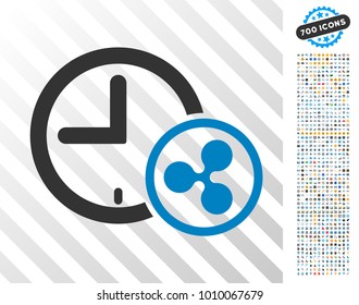 Ripple Credit Clock pictograph with 7 hundred bonus bitcoin mining and blockchain symbols. Vector illustration style is flat iconic symbols designed for crypto currency websites.