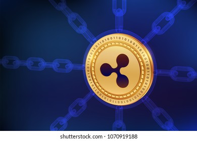 Ripple. Crypto currency. Block chain. 3D isometric Physical Ripple coin with wireframe chain. Blockchain concept. Editable Cryptocurrency template. Stock vector illustration.
