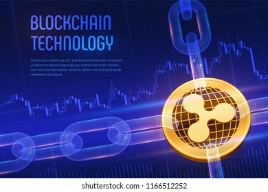 Ripple. Crypto currency. Block chain. 3D isometric Physical golden bitcoin with wireframe chain on blue financial background. Blockchain concept. Editable Cryptocurrency template. Vector illustration