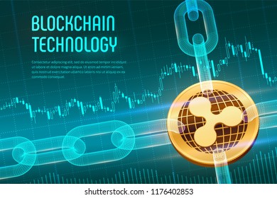 Ripple. Crypto currency. Block chain. 3D isometric Physical golden bitcoin with wireframe chain on blue financial background. Blockchain concept. Editable Cryptocurrency template. Vector illustration
