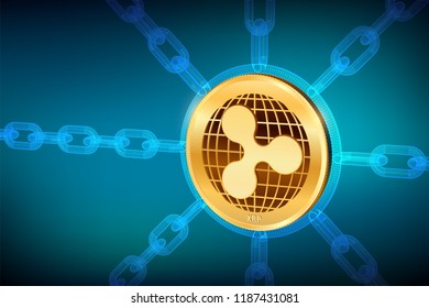 Ripple. Crypto currency. Block chain. 3D isometric Physical Ripple coin with wireframe chain. Blockchain concept. Editable Cryptocurrency template. Stock vector illustration.
