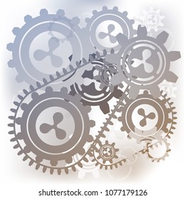 Ripple cryptocurrency background with mechanical gears. Digital currency. Virtual money. Blockchain technology. Easy to use vector design template for websites, social media, business presentations.