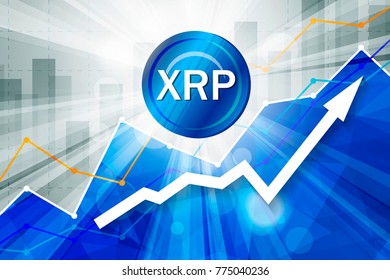 ripple cryptocurrency in the bright rays on background with statistics chart and arrow going up