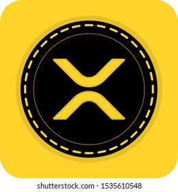 Ripple cryptocurrency coin symbol. Bitcoin sign. e-money. Currency mining farm. Flat shadow premium design. yellow background black vector. product brand service label banner board display. App icon.