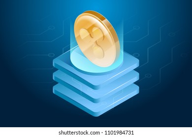 Ripple cryptocurrency. Digital or electronic money. Blockchain technology and mining process. Isometric vector illustration in ultraviolet colors.