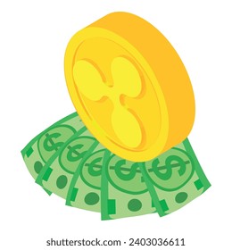 Ripple cryptocurrency icon isometric vector. Gold ripple coin on dollar banknote. Digital money, cryptocurrency concept