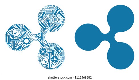 Ripple currency composition of workshop instruments. Vector Ripple currency icon is created of gear wheels, spanners and other service objects. Concept of maintenance workshop.