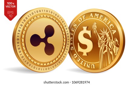 Ripple. Dollar coin. 3D isometric Physical coins. Digital currency. Cryptocurrency. Golden coins with Ripple and Dollar symbol isolated on white background. Vector illustration.