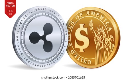 Ripple. Dollar coin. 3D isometric Physical coins. Digital currency. Cryptocurrency. Golden and silver coins with Ripple and Dollar symbol isolated on white background. Vector illustration.