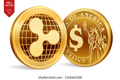 Ripple. Dollar coin. 3D isometric Physical coins. Digital currency. Cryptocurrency. Golden coins with Ripple and Dollar symbol isolated on white background. Vector illustration.