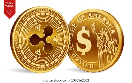 Ripple. Dollar coin. Isometric Physical coins. Digital currency. Cryptocurrency. Golden coins with Ripple and Dollar symbol isolated on white background. Vector illustration.