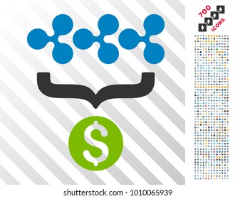 Ripple Dollar Conversion Funnel icon with 700 bonus bitcoin mining and blockchain pictograms. Vector illustration style is flat iconic symbols designed for crypto-currency software.