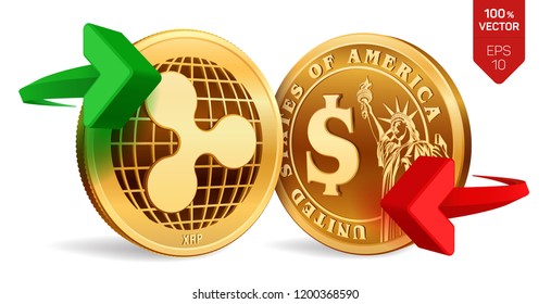 Ripple to dollar currency exchange. Ripple. Dollar coin. Cryptocurrency. Golden coins with Ripple and Dollar symbol with green and red arrows. 3D isometric Physical coins. Vector illustration.