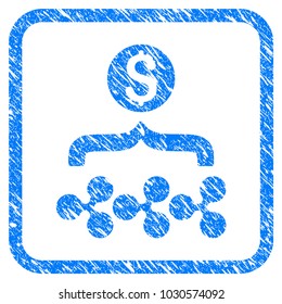 Ripple Dollar Funnel rubber seal stamp imitation. Icon vector symbol with grunge design and unclean texture in rounded square frame. Scratched blue sign on a white background.