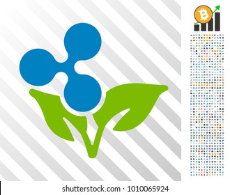 Ripple Eco Startup icon with 7 hundred bonus bitcoin mining and blockchain pictures. Vector illustration style is flat iconic symbols designed for cryptocurrency websites.