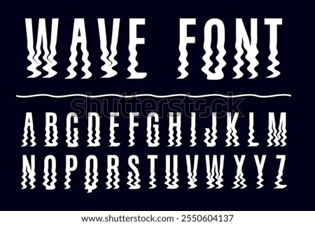 Ripple effect font. Reflected in water. Wavy silhouette of letters and numbers. Smooth zigzag alphabet. Distorted lower parts. Typography ABC typeset. Vector alphabetical