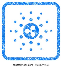 Ripple Emission Rays rubber seal stamp imitation. Icon vector symbol with grunge design and unclean texture inside rounded frame. Scratched blue sticker on a white background.