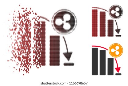 Ripple epic fail chart icon in sparkle, pixelated halftone and undamaged solid versions. Fragments are composed into vector dissipated Ripple epic fail chart icon.