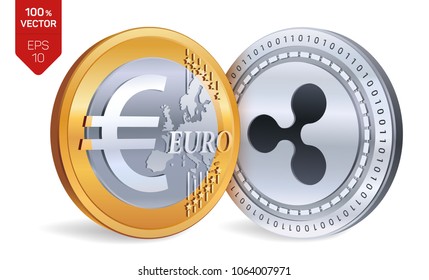 Ripple. Euro. 3D isometric Physical coins. Digital currency. Cryptocurrency. Golden and silver coins with Ripple and Euro symbol isolated on white background. Vector illustration.