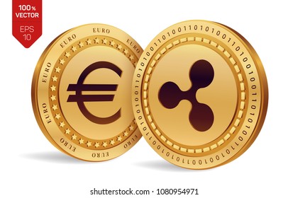 Ripple. Euro coin. 3D isometric Physical coins. Digital currency. Cryptocurrency. Golden coins with Ripple and Euro symbol isolated on white background. Vector illustration.