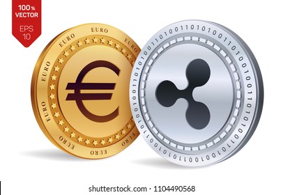 Ripple. Euro coin. 3D isometric Physical coins. Digital currency. Cryptocurrency. Golden and silver coins with Ripple and Euro symbol isolated on white background. Vector illustration.