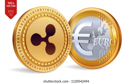 Ripple. Euro coin. 3D isometric Physical coins. Digital currency. Cryptocurrency. Golden coins with Ripple and Euro symbol isolated on white background. Vector illustration.