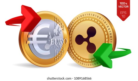 Ripple to Euro currency exchange. Ripple. Euro coin. Cryptocurrency. Golden coins with Ripple and Euro symbol with green and red arrows. 3D isometric Physical coins. Vector illustration.
