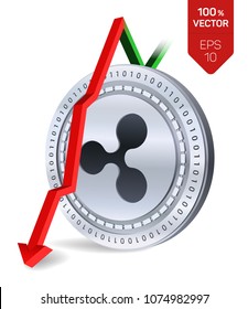 Ripple. Fall. Red arrow down. Ripple index rating go down on exchange market. Crypto currency. 3D isometric Physical Silver coin isolated on white background. Vector illustration.
