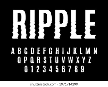 Ripple font. Wavelike curve english alphabet, vertical smooth recurring distortions white letters and numbers, lower part geometry illusion, typographic typeset vector isolated set