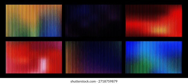 Conjunto de fundo de distorção de vidro ondulado. Coleção Efeito fractal abstrato textura de vidro com nervuras com gradientes vibrantes. Reed negrito projeto dinâmico mistura futurista tons vetor bg..