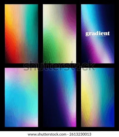 Ripple glass distortion background set. Collection Vertical Abstract fractal effect ribbed glass texture with vibrant gradients. Reeded Bold dynamic design blending futuristic tones vector bg..