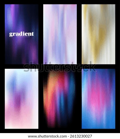 Ripple glass distortion background set. Collection Vertical Abstract fractal effect ribbed glass texture with vibrant gradients. Reeded Bold dynamic design blending futuristic tones vector bg..