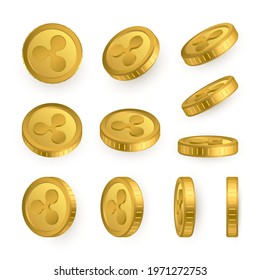 Ripple gold coins set isolated on white background. Cryptocurrency concept. Vector illustration.