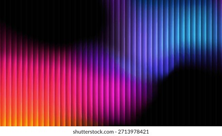 Ripple Farbverlauf Glas Hintergrund, vertikale Neon Leuchten dunkel gerippt fraktale Textur in tiefblau und violett cinematic scharfe Verzerrung Textur, futuristische Abdeckung Schablone mockup