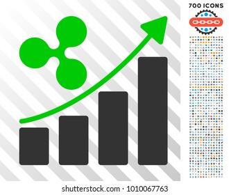 Ripple Growth Chart icon with 700 bonus bitcoin mining and blockchain images. Vector illustration style is flat iconic symbols designed for blockchain apps.