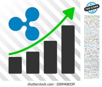 Ripple Growth Trend pictograph with 7 hundred bonus bitcoin mining and blockchain graphic icons. Vector illustration style is flat iconic symbols designed for crypto-currency websites.