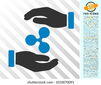 Ripple Insurance Hands icon with 7 hundred bonus bitcoin mining and blockchain pictographs. Vector illustration style is flat iconic symbols designed for cryptocurrency software.