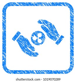 Ripple Insurance Hands rubber seal stamp imitation. Icon vector symbol with grunge design and dust texture in rounded rectangle. Scratched blue emblem on a white background.