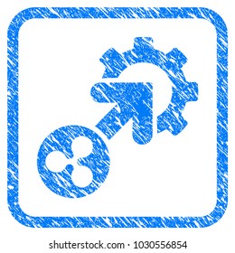 Ripple Integration Cog rubber seal stamp imitation. Icon vector symbol with grunge design and corrosion texture inside rounded frame. Scratched blue emblem on a white background.