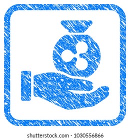 Ripple Invest Hand rubber seal stamp imitation. Icon vector symbol with grunge design and dust texture in rounded square frame. Scratched blue emblem on a white background.