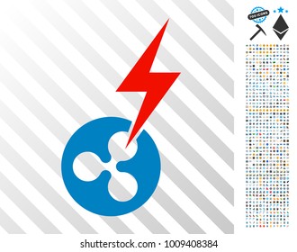 Ripple Lightning Strike icon with 7 hundred bonus bitcoin mining and blockchain icons. Vector illustration style is flat iconic symbols designed for blockchain websites.