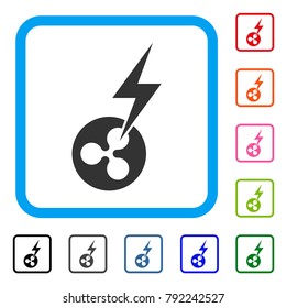Ripple Lightning Strike icon. Flat grey pictogram symbol inside a blue rounded squared frame. Black, gray, green, blue, red, pink color variants of ripple lightning strike vector.