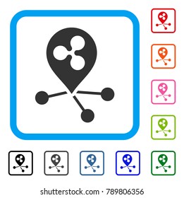 Ripple Location Connections icon. Flat grey pictogram symbol in a blue rounded rectangular frame. Black, gray, green, blue, red, orange color versions of Ripple Location Connections vector.