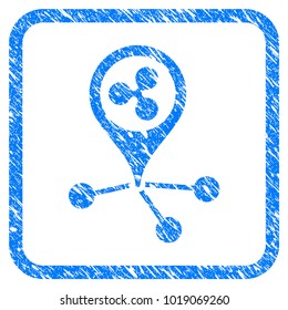 Ripple Location Links rubber seal stamp watermark. Icon vector symbol with grunge design and unclean texture in rounded squared frame. Scratched blue sticker on a white background.